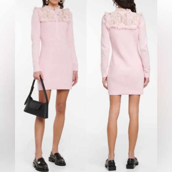 LoveShackFancy Bellini wool blend knit ribbed Pink long sleeve mini Dress Sz.XS. - Picture 7 of 16